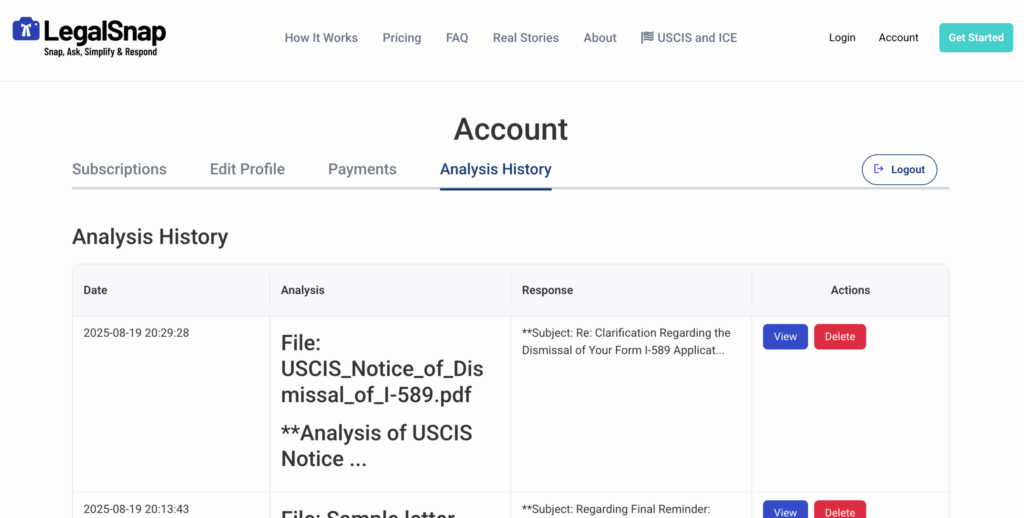 LegalSnap Subscriber Account Page